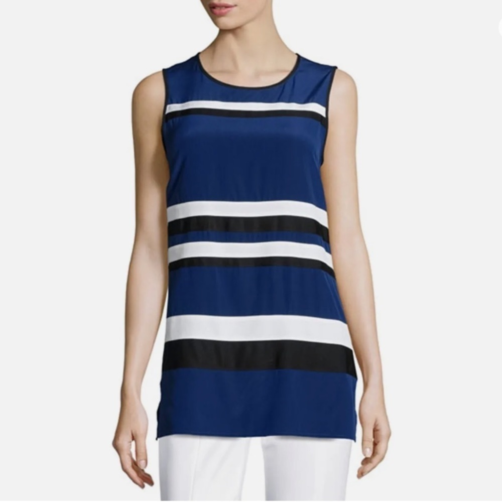 ST. JOHN Top S Blue White Striped Silk Round Neck Sleeveless Tunic